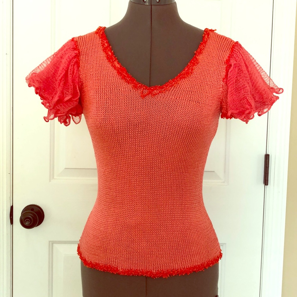 Handmade Coral Red Beaded Silk Top Small